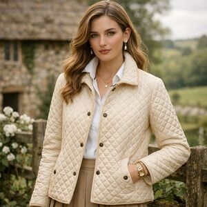 Ralph Lauren Cream Quilted Riding Jacket Quiet Luxury w/ Suede Trim LP